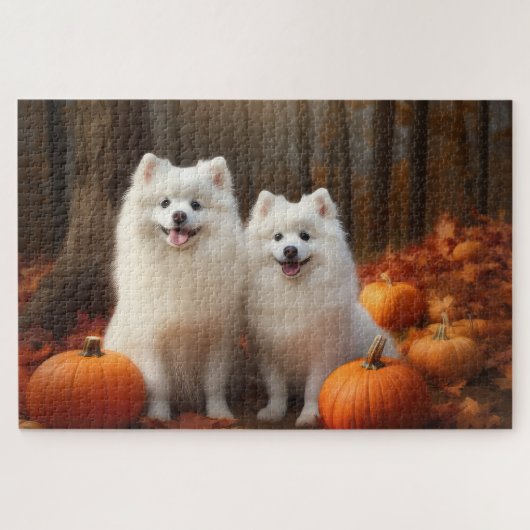 Amerikaanse Eskimo Puppy Herfst Delight Pompoen Legpuzzel (Horizontaal)