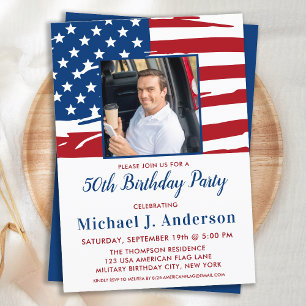 Amerikaanse Flag Custom Photo 50th Birthday Party Kaart