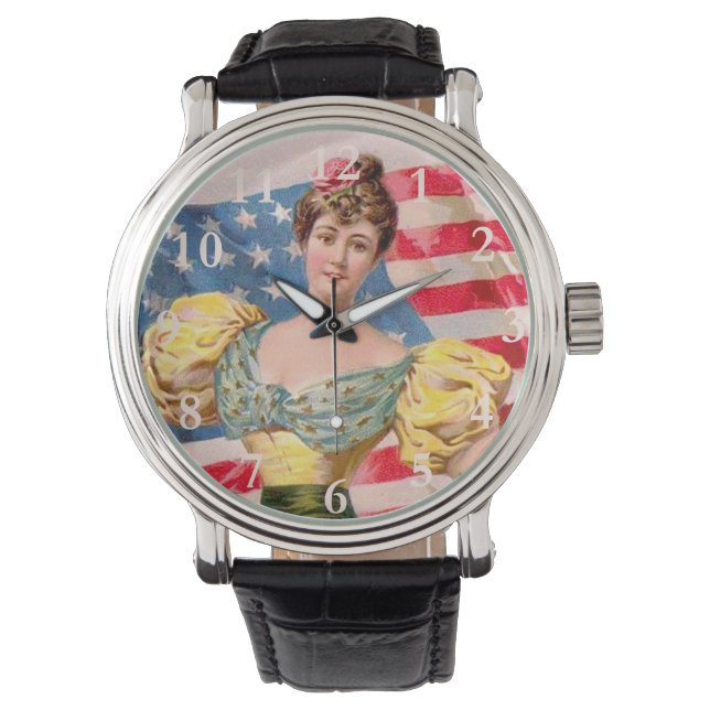 Amerikaanse Flag Lady Liberty Independence Horloge (Voorkant)