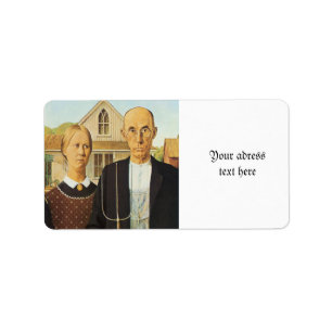 Amerikaanse Gotisch door Grant Wood, Etiket