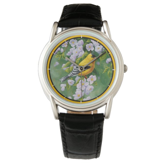 Amerikaanse goudvink en roze appelbloesems horloge (Voorkant)