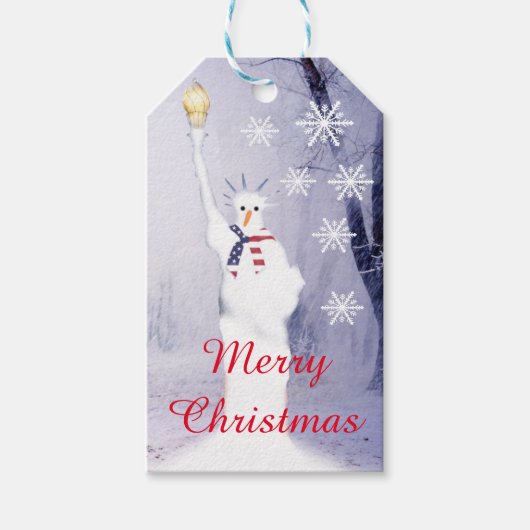Amerikaanse kerst patriottische sneeuwman cadeaulabel (Voorkant)