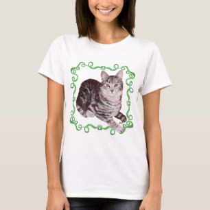 Amerikaanse Korthaar Tabby Kat Groene Lint T-shirt