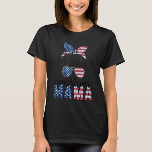 Amerikaanse Mama 4 juli Messy Bun USA Vlag Ameri T-shirt (Voorkant)