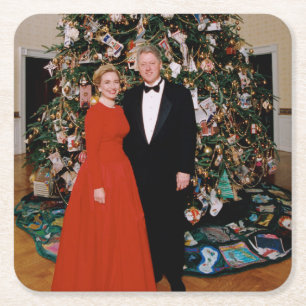 Amerikaanse president Bill Clinton Kerstkaart Vierkante Kartonnen Onderzetter
