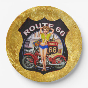 Amerikaanse route 66 motorfiets met een gouden tex papieren bordje