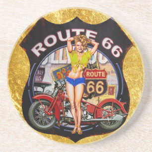Amerikaanse route 66 motorfiets met een gouden tex zandsteen onderzetter