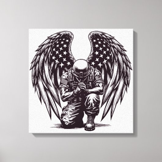 Amerikaanse soldaat engel bidt Amerikaanse vlag ku Canvas Afdruk (Voorkant)