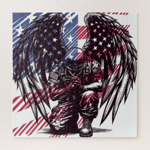 Amerikaanse soldaat engel bidt Amerikaanse vlag ku Legpuzzel
