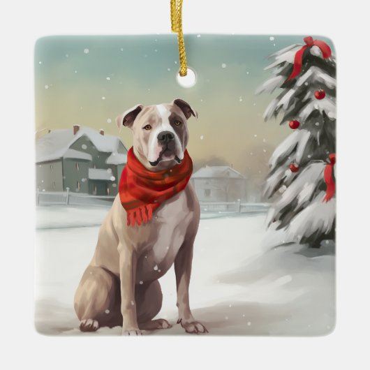 Amerikaanse Staffordshire Hond in Sneeuw Kerstmis Keramisch Ornament (Voorkant)