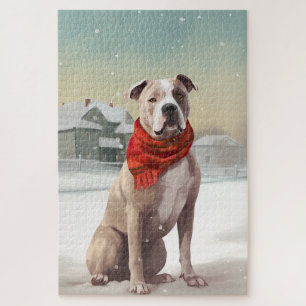 Amerikaanse Staffordshire hond in Sneeuw Kerstmis Legpuzzel