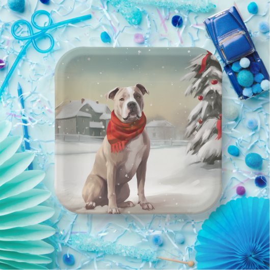Amerikaanse Staffordshire Hond in Sneeuw Kerstmis Papieren Bordje (Feest)