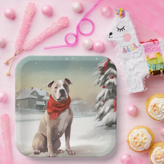 Amerikaanse Staffordshire Hond in Sneeuw Kerstmis Papieren Bordje (Feest)