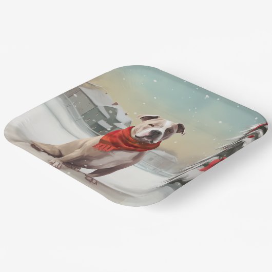 Amerikaanse Staffordshire Hond in Sneeuw Kerstmis Papieren Bordje (Gebogen)