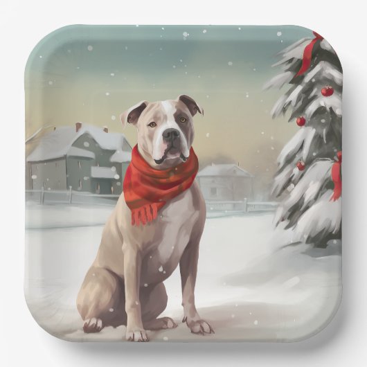 Amerikaanse Staffordshire Hond in Sneeuw Kerstmis Papieren Bordje (Voorkant)