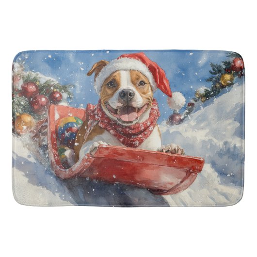 Amerikaanse Staffordshire in Sledge Christmas Badmat (Voorkant)