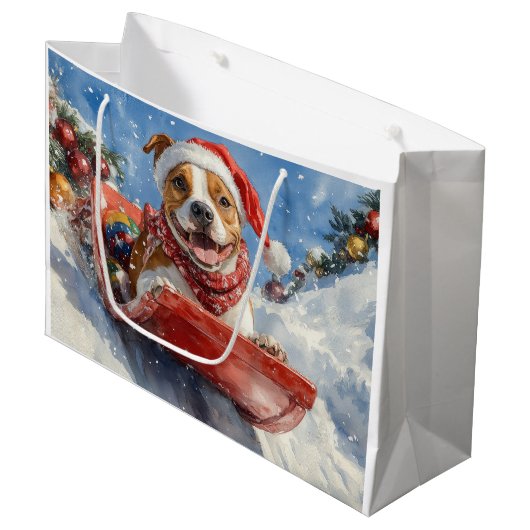 Amerikaanse Staffordshire in Sledge Christmas Groot Cadeauzakje (Voorkant Gekanteld)
