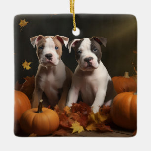 Amerikaanse Staffordshire Puppy Autumn Delight Keramisch Ornament
