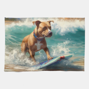 Amerikaanse Staffordshire Strand Surfing Schildere Theedoek
