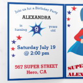 Amerikaanse superheld Tremendous Birthday Drieluik Uitnodiging (Binnenzijde eerst)