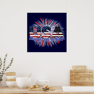 Amerikaanse tekstvlag glitters vuurwerk Happy 4 ju Poster
