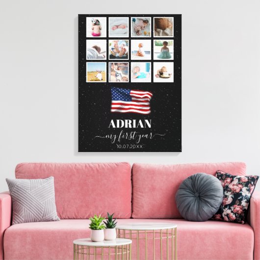 Amerikaanse vlag Baby eerste jaar fotocollage Canvas Afdruk (Insitu (Woonkamer))