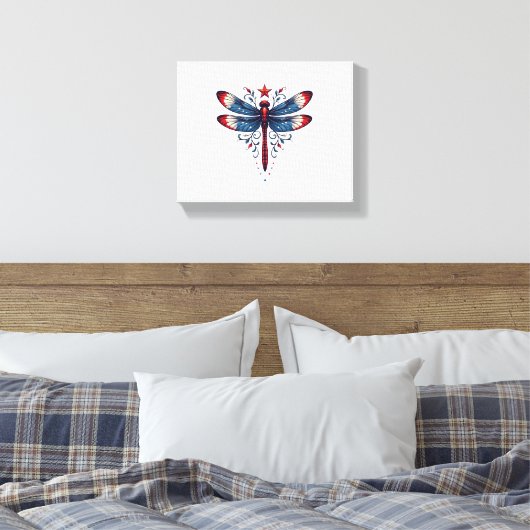 Amerikaanse Vlag Dragonfly Patriottische 4th of Ju Canvas Afdruk (Insitu (Slaapkamer))