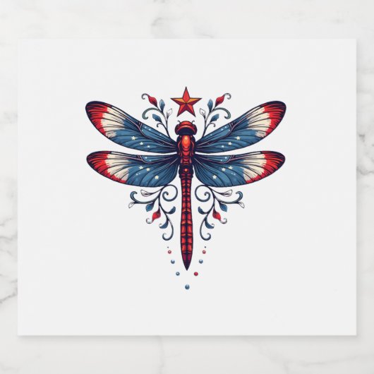 Amerikaanse Vlag Dragonfly Patriottische 4th of Ju Sparkling Wijnetiket (Enkel label)