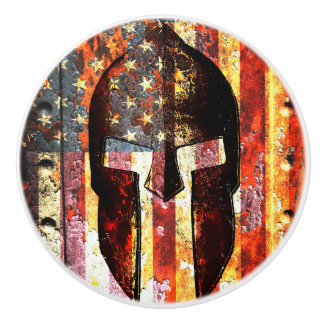 Amerikaanse vlag en Spartan Helmet Door Knob. Keramische Knop