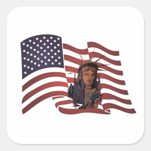 Amerikaanse vlag en Vrijheidsbeeld Vierkante Sticker (Voorkant)