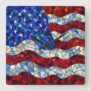 Amerikaanse vlag Glas in lood wandklok Vierkante Klok