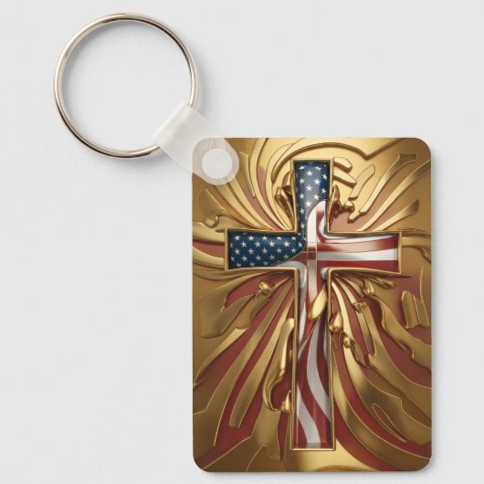 Amerikaanse Vlag in Gouden Kruis #5 Sleutelhanger (Voorkant)