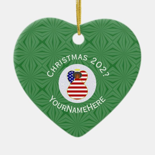 Amerikaanse vlag - kerstkerken - naam jaar hart keramisch ornament (Voorkant)
