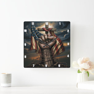 Amerikaanse vlag kruis patriot kracht en vrijheid vierkante klok