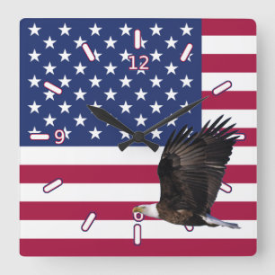 Amerikaanse vlag met Eagle Clock (Sq met cijfers) Vierkante Klok