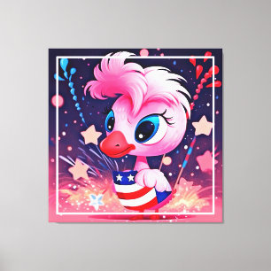 Amerikaanse vlag met Flamingo Cartoon-69216 Canvas Afdruk