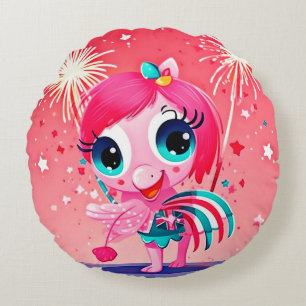 Amerikaanse vlag met Flamingo Cartoon-69217 Rond Kussen
