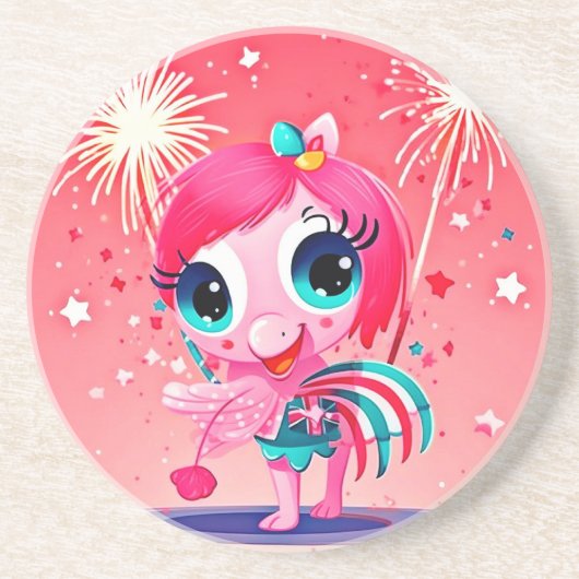 Amerikaanse vlag met Flamingo Cartoon-69217 Zandsteen Onderzetter (Voorkant)