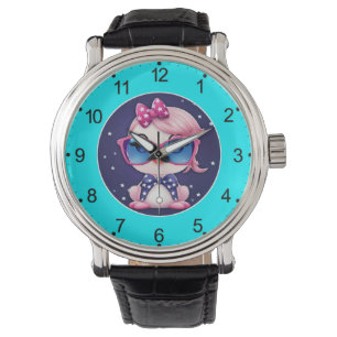Amerikaanse vlag met Flamingo Cartoon-69680 Horloge