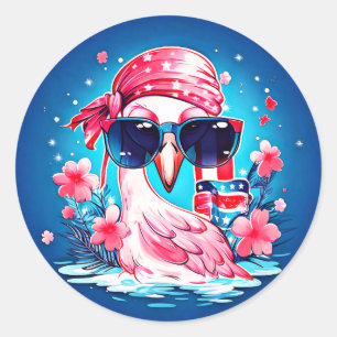 Amerikaanse vlag met Flamingo Cartoon-69681 Ronde Sticker