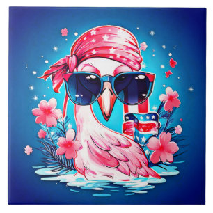 Amerikaanse vlag met Flamingo Cartoon-69681 Tegeltje