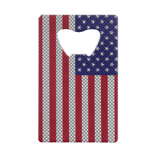 Amerikaanse vlag op afdruk van koolstofvezelstijl kredietkaart flessenopener