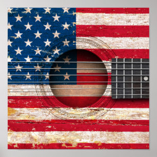 Amerikaanse vlag op de oude akoestische gitaar poster