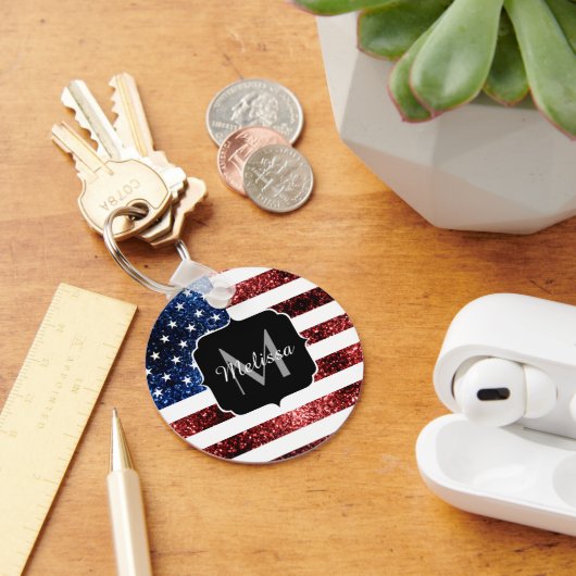 Amerikaanse vlag rode blauwe muggen monogram sleutelhanger (Bureau)