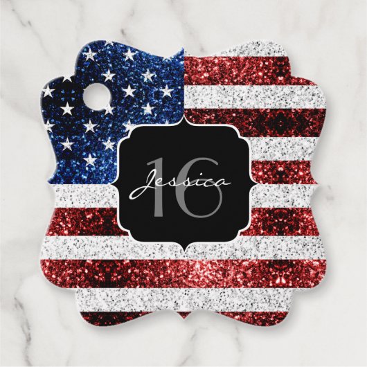 Amerikaanse vlag rode witte blauwe sparken glitter bedankjes labels (Voorkant)
