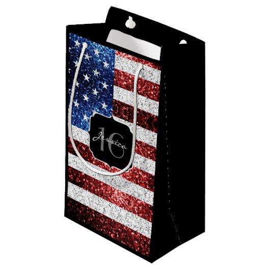Amerikaanse vlag rode witte blauwe sparken glitter klein cadeauzakje (Voorkant Gekanteld)