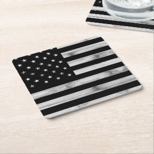 Amerikaanse vlag Rustic Wood Black White Patriotic Vierkante Kartonnen Onderzetter