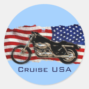 Amerikaanse vlag, sterren en strips, motorfiets, m ronde sticker