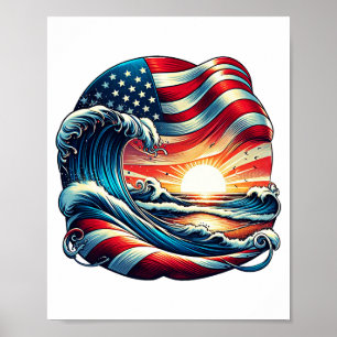 Amerikaanse Vlag Strand Wave Sunset Patriottische Poster