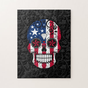 Amerikaanse vlag Suikerschedel met Rozen Legpuzzel